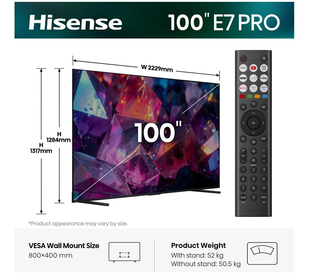 HISENSE E7S PRO 100" QLED 4K HDR Smart TV with Freely - 100E7STUK PRO