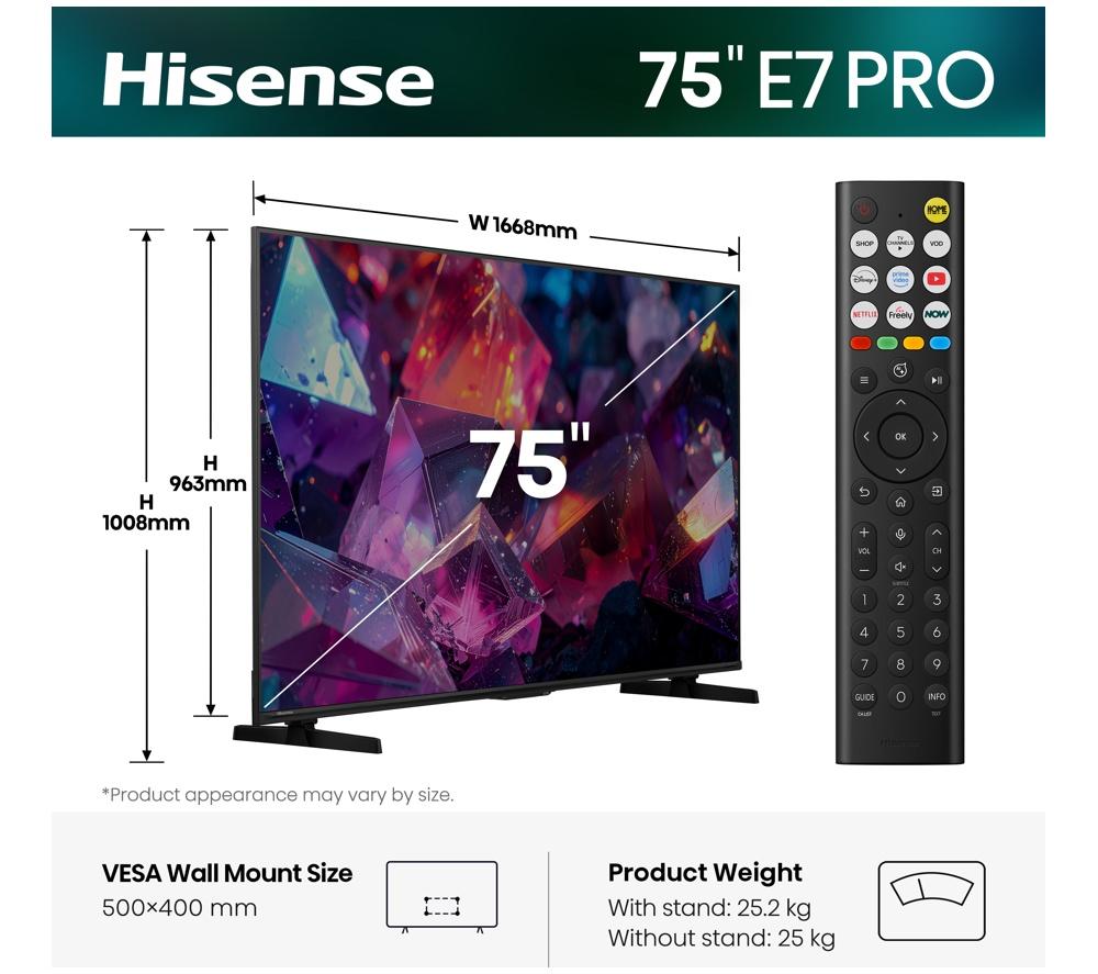 HISENSE E7S PRO 75" QLED 4K HDR Smart TV with Freely - 75E7STUK PRO