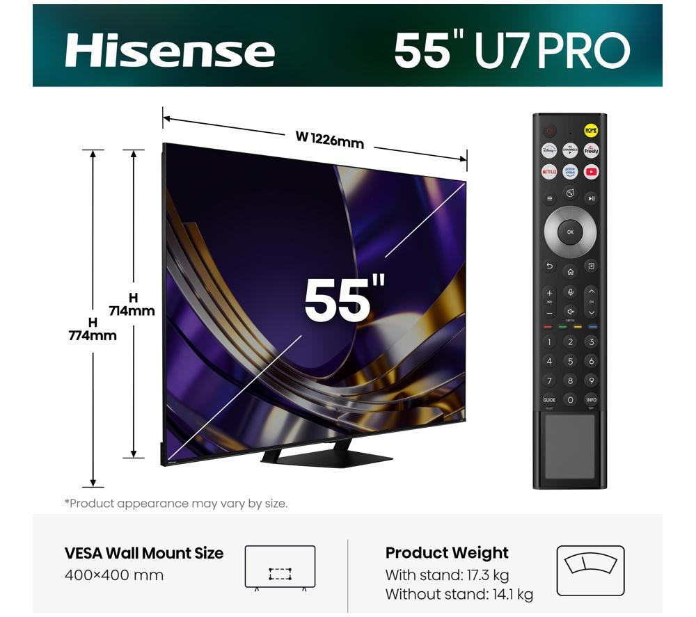 HISENSE U7S PRO 55" Mini LED 4K 165 Hz Smart AI TV with Freely - 55U7STUK PRO