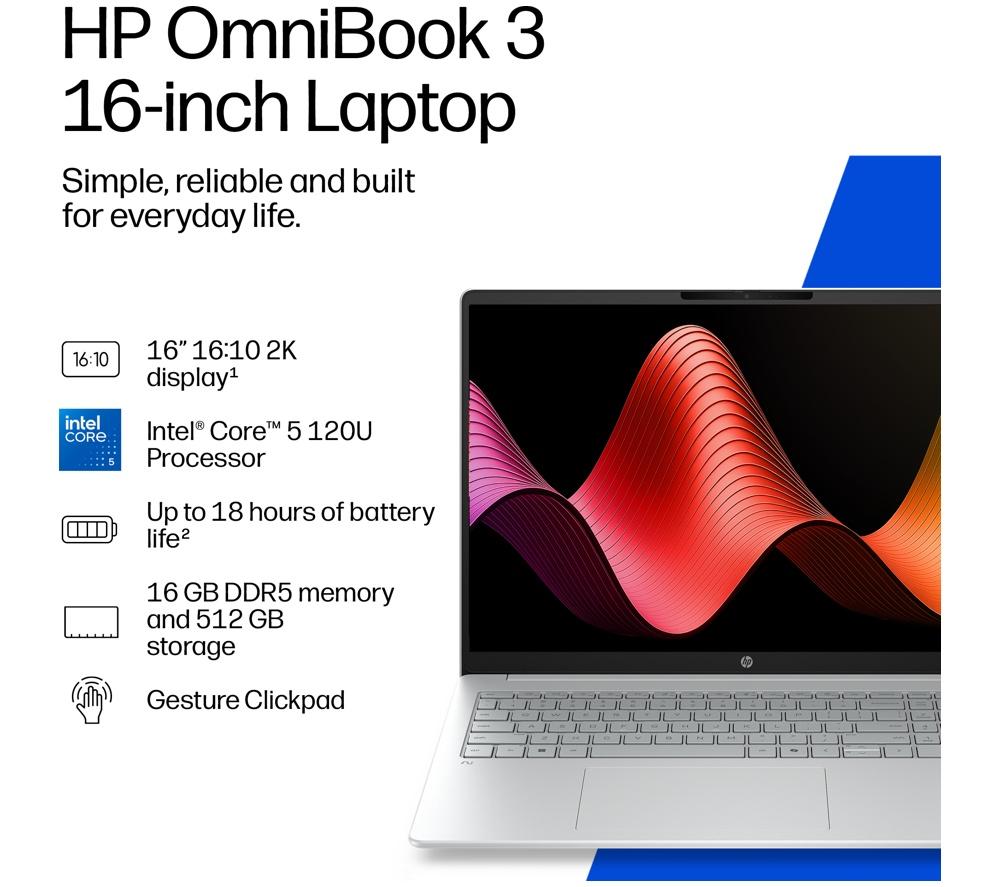 HP OmniBook 3 16" Laptop - Intel® Core™ Ultra 5, 512 GB SSD, Silver