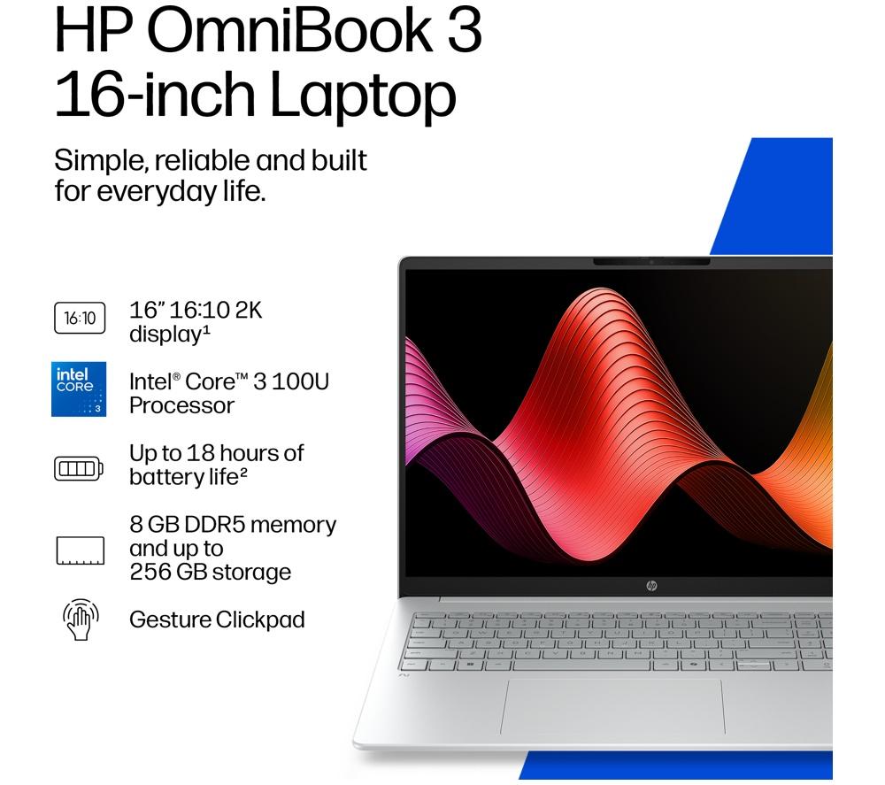 Portátil HP OmniBook 3 de 16" - Intel® Core™ 3, SSD de 256 GB, plateado