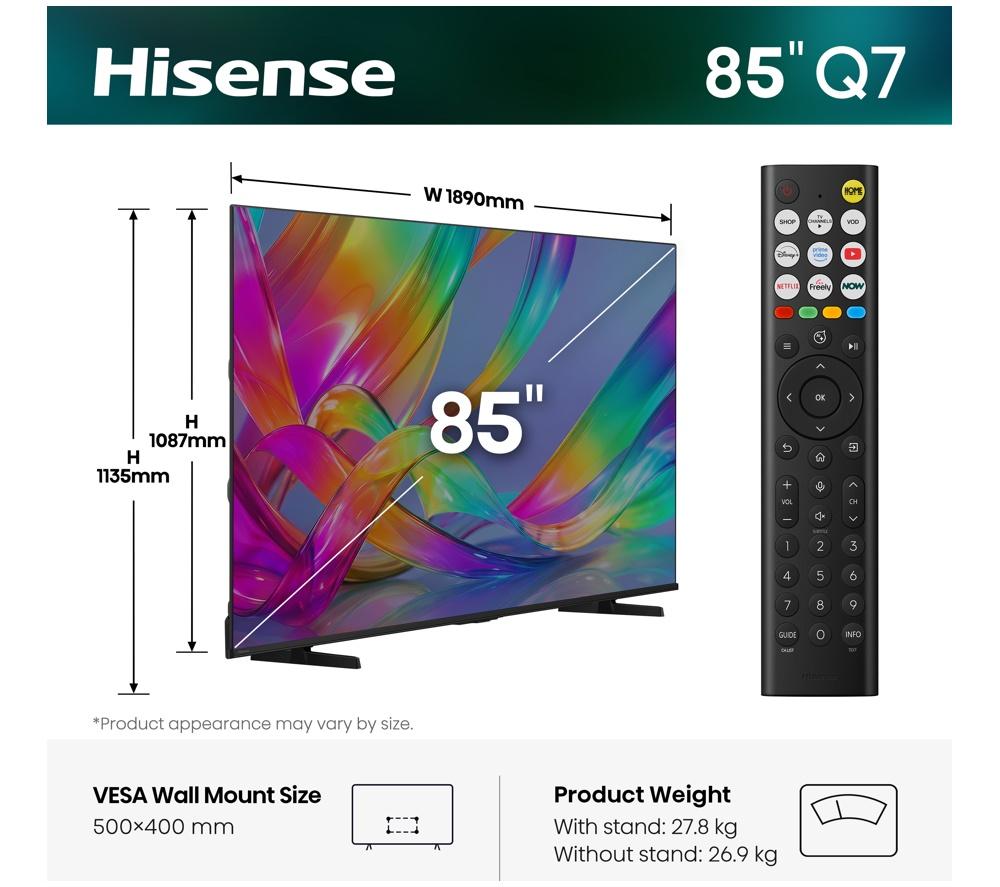 HISENSE Q7S 85" QLED 4K Smart AI TV with Freely - 85Q7STUK