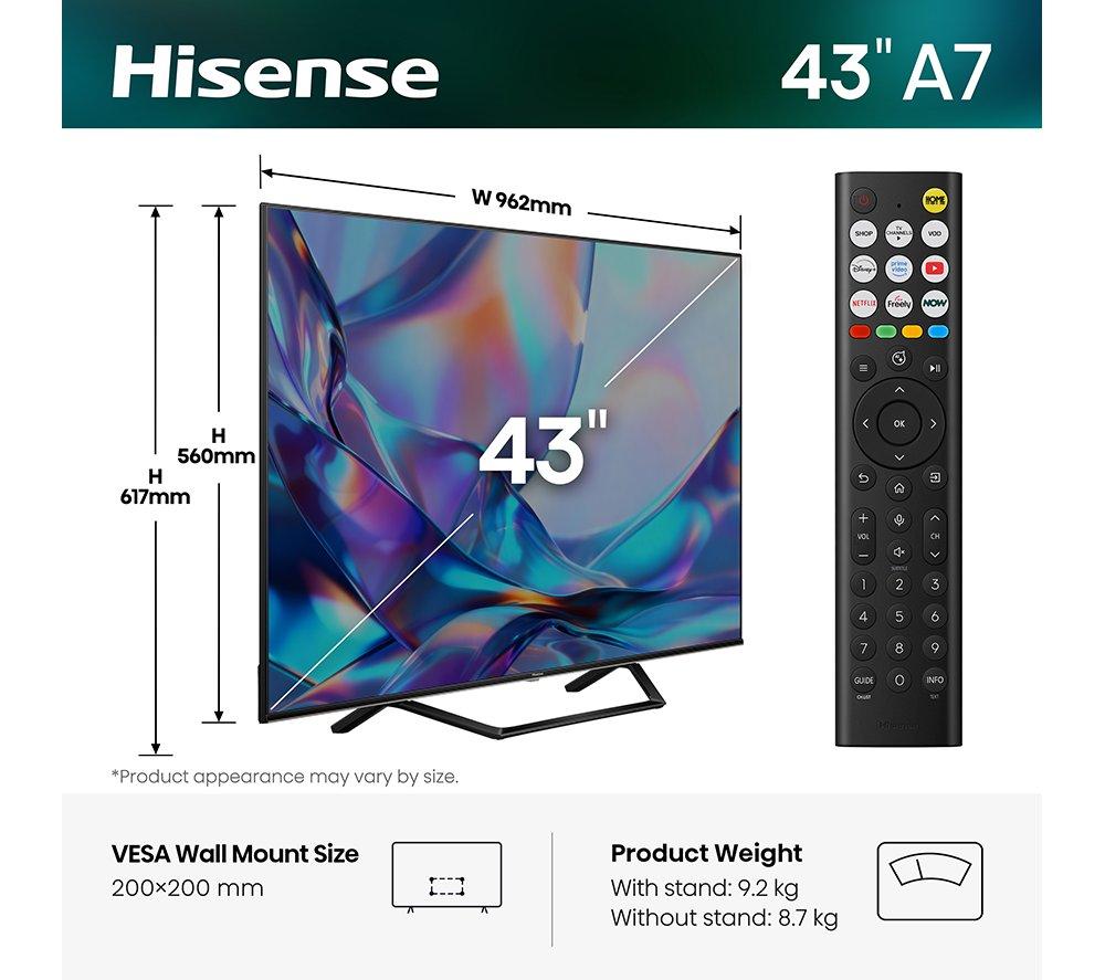 HISENSE A7S 43" QLED 4K Smart AI TV with Freely - 43A7STUK