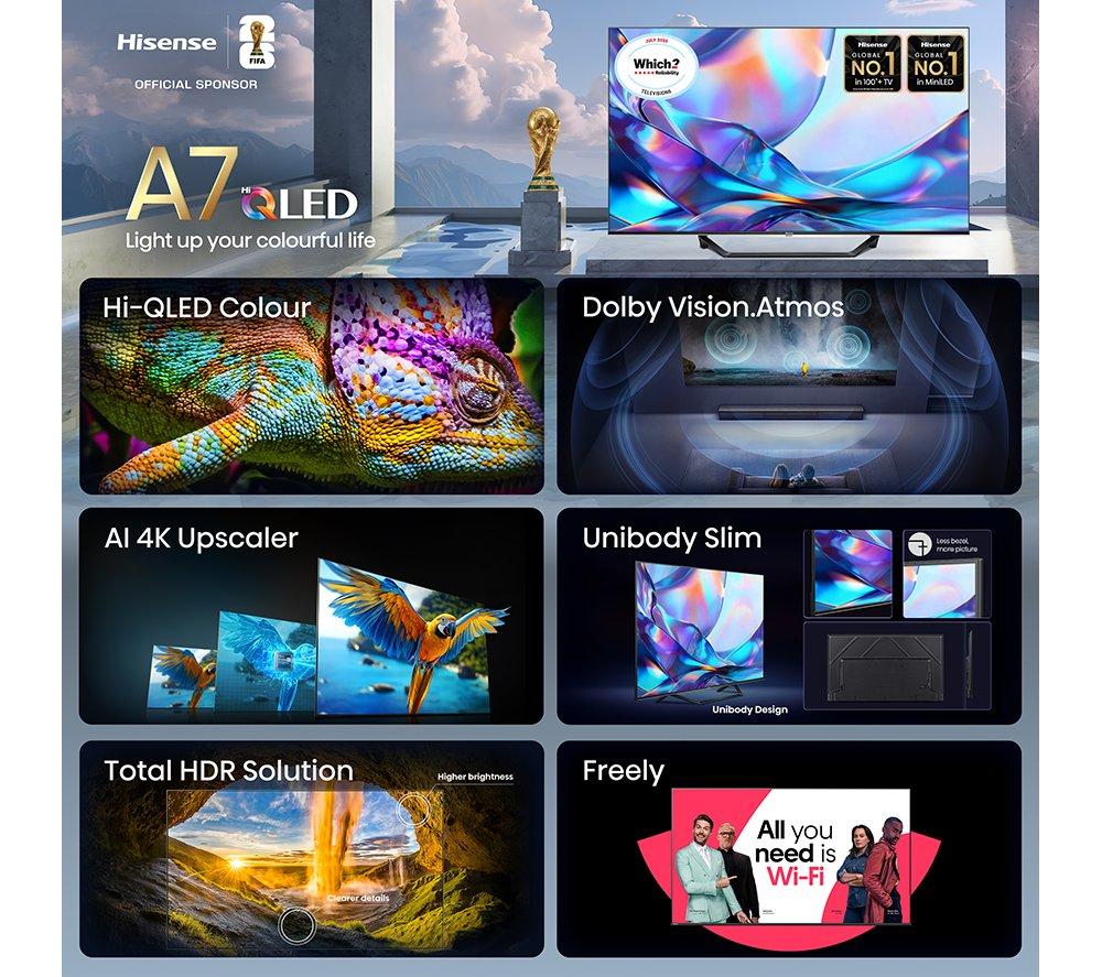 HISENSE A7S 43" QLED 4K Smart AI TV with Freely - 43A7STUK
