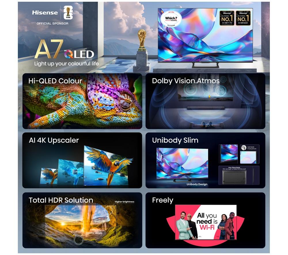 HISENSE A7S 55" QLED 4K Smart AI TV with Freely - 55A7STUK
