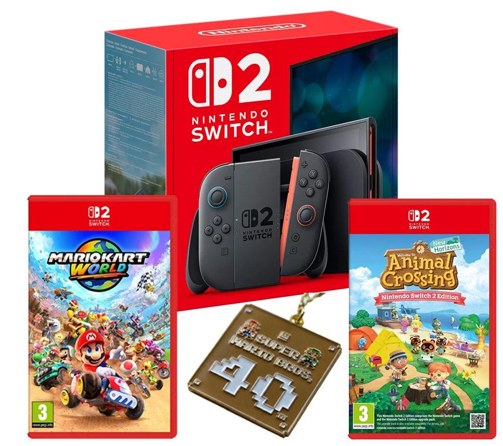 NINTENDO Switch 2, Super Mario Bros 40th Anniversary Keychain, Animal Crossing: New Horizons & Mario Kart World Bundle