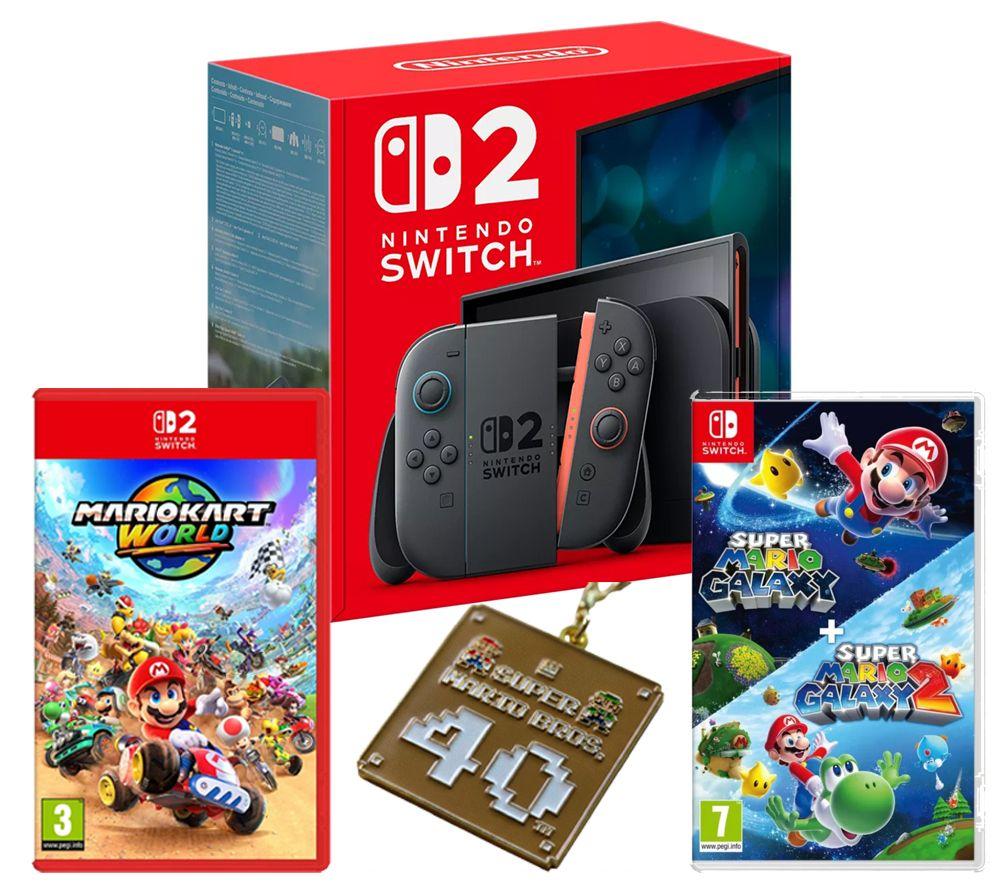 NINTENDO Switch 2, Super Mario Bros 40th Anniversary Keychain, Super Mario Galaxy 1 & 2 & Mario Kart World Bundle