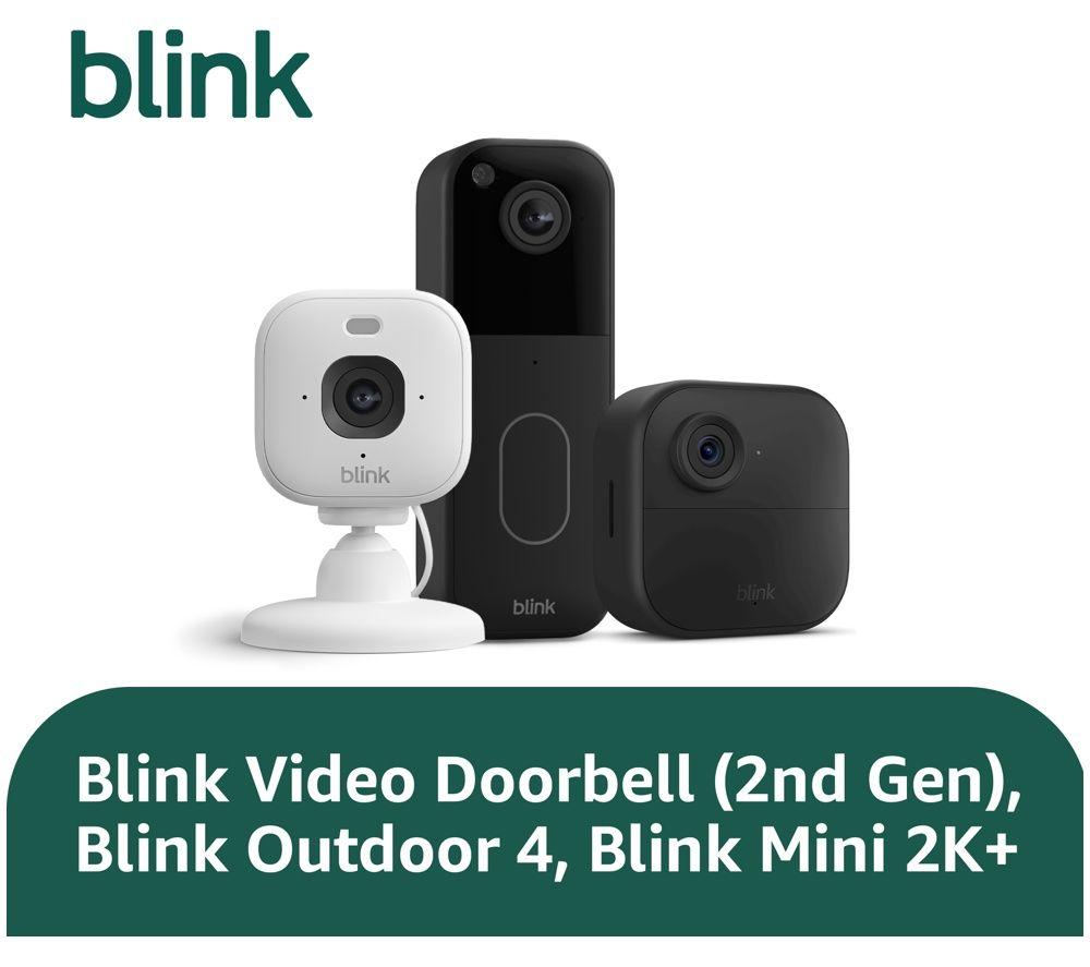 Kit de seguridad para todo el hogar BLINK Plus con sistema de videoportero, Mini 2K+ y paquete de 4 cámaras de seguridad para exteriores