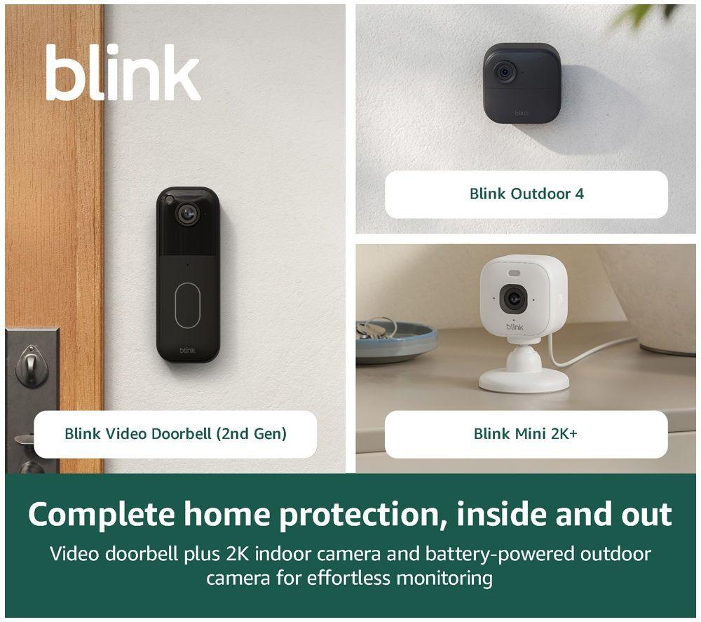 Kit de seguridad para todo el hogar BLINK Plus con sistema de videoportero, Mini 2K+ y paquete de 4 cámaras de seguridad para exteriores