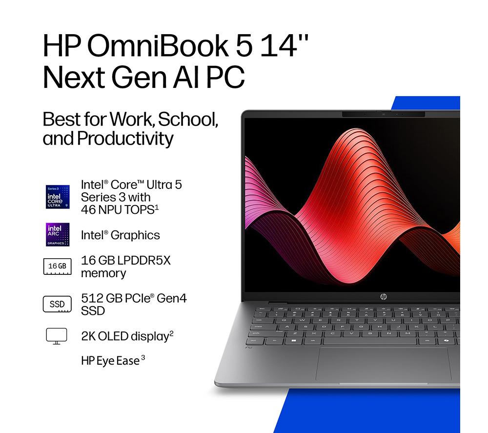 HP OmniBook 5 NGAI 14" Laptop - Intel® Core™ Ultra 5, 512 GB SSD, Silver