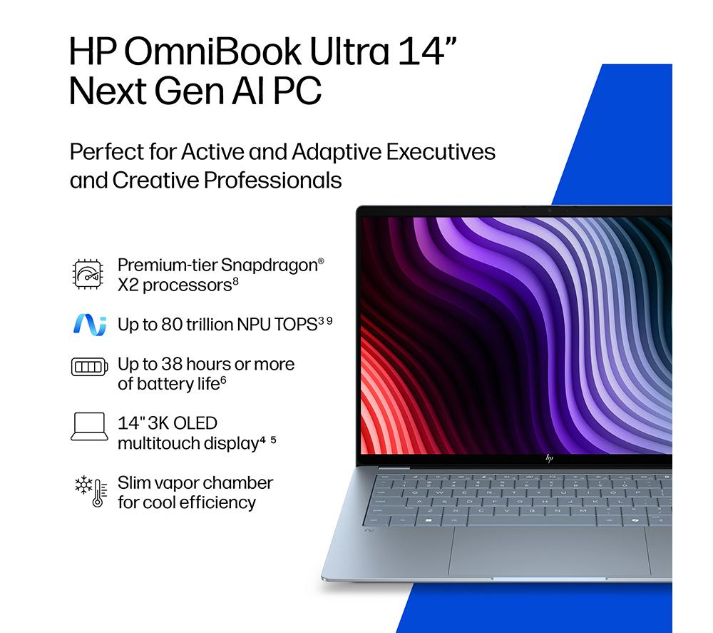 HP OmniBook Ultra 14" Laptop, Copilot+ PC - Snapdragon X2 Elite, 1 TB SSD, Stone Blue