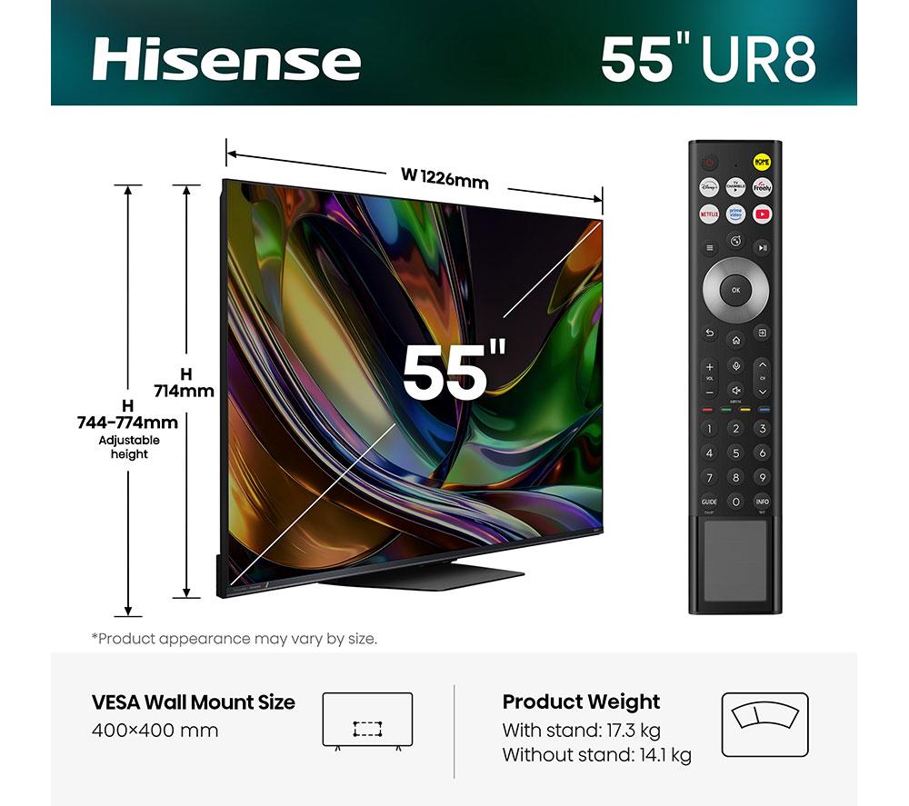 HISENSE UR8S 55" RGB Mini LED 4K 180Hz Smart AI TV con Freely - 55UR8STUK