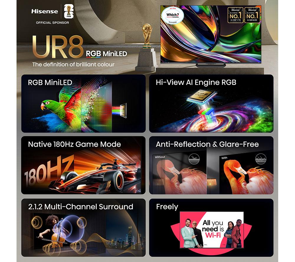 HISENSE UR8S 55" RGB Mini LED 4K 180Hz Smart AI TV con Freely - 55UR8STUK