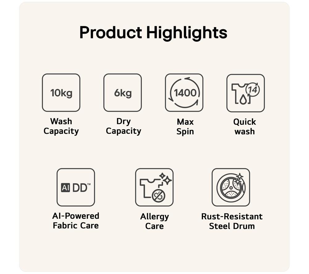 LG Series 4 AI Direct Drive FWY606WWLN1 WiFi-enabled 10 kg Washer Dryer - White