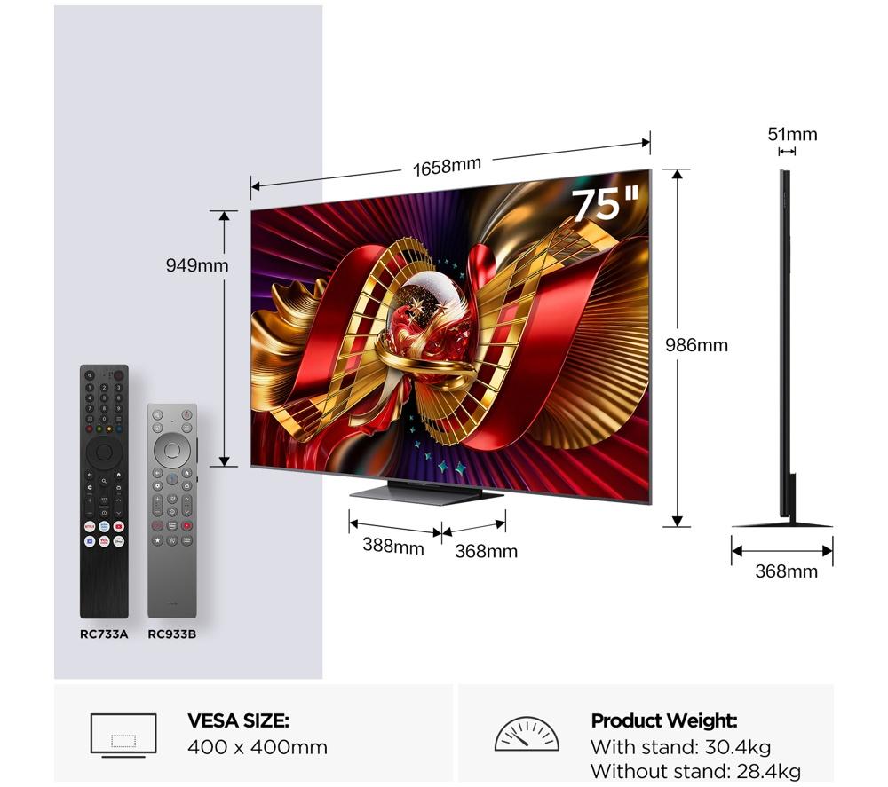 TCL C8L 75" SQD-Mini LED 4K HDR Smart Google TV - 75C8L-UK