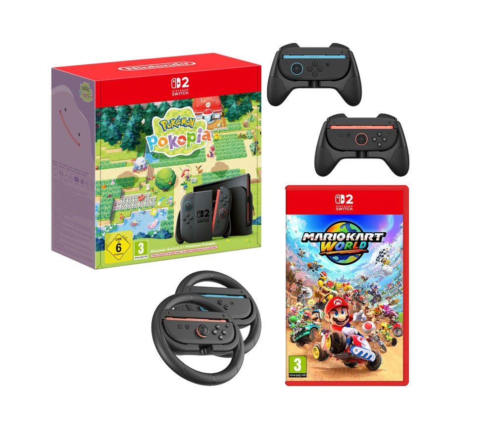 NINTENDO Switch 2 Pokemon Pokopia & Mario Kart World with Switch 2 Joy-Con Racing Wheels & Joy-Con 2 Grips Bundle