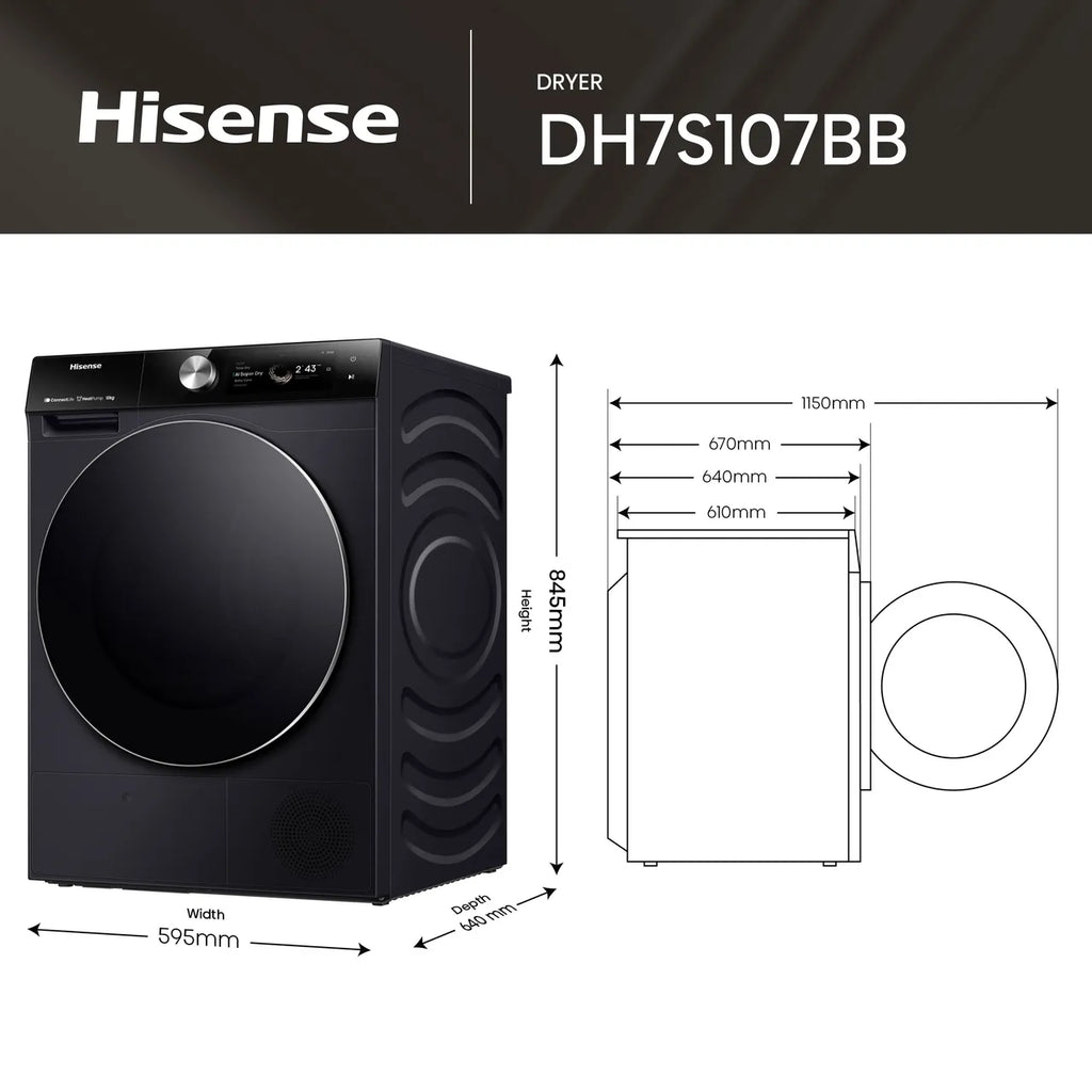 Secadora de bomba de calor HISENSE 7S Series DH7S107BB con IA y WiFi, 10 kg, color negro
