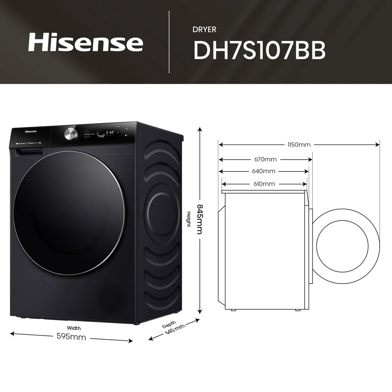 Secadora de bomba de calor HISENSE 7S Series DH7S107BB con IA y WiFi, 10 kg, color negro