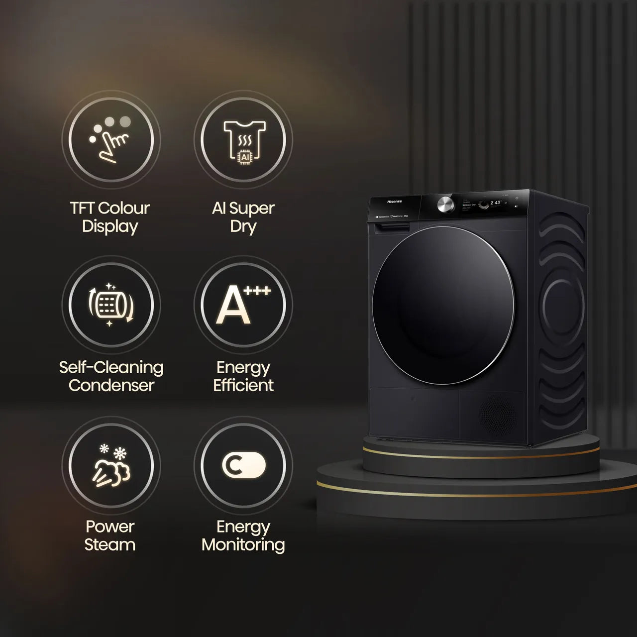Secadora de bomba de calor HISENSE 7S Series DH7S107BB con IA y WiFi, 10 kg, color negro