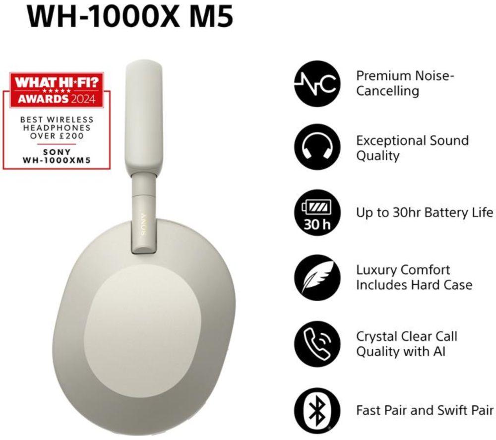 SONY WH-1000XM5 Wireless Bluetooth Noise-Cancelling Headphones - Silver