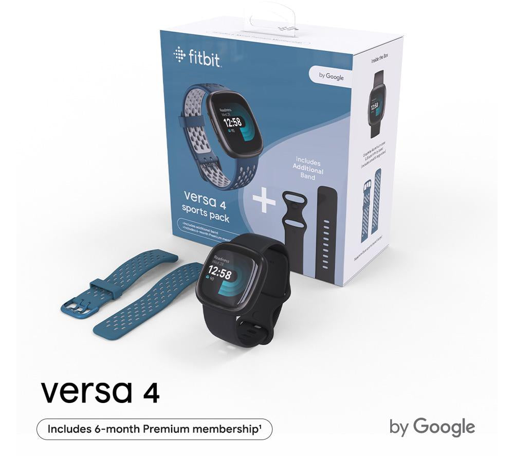 FITBIT Versa 4 Smart Watch Sports Pack with Additional Blue Sports Band - Black & Graphite