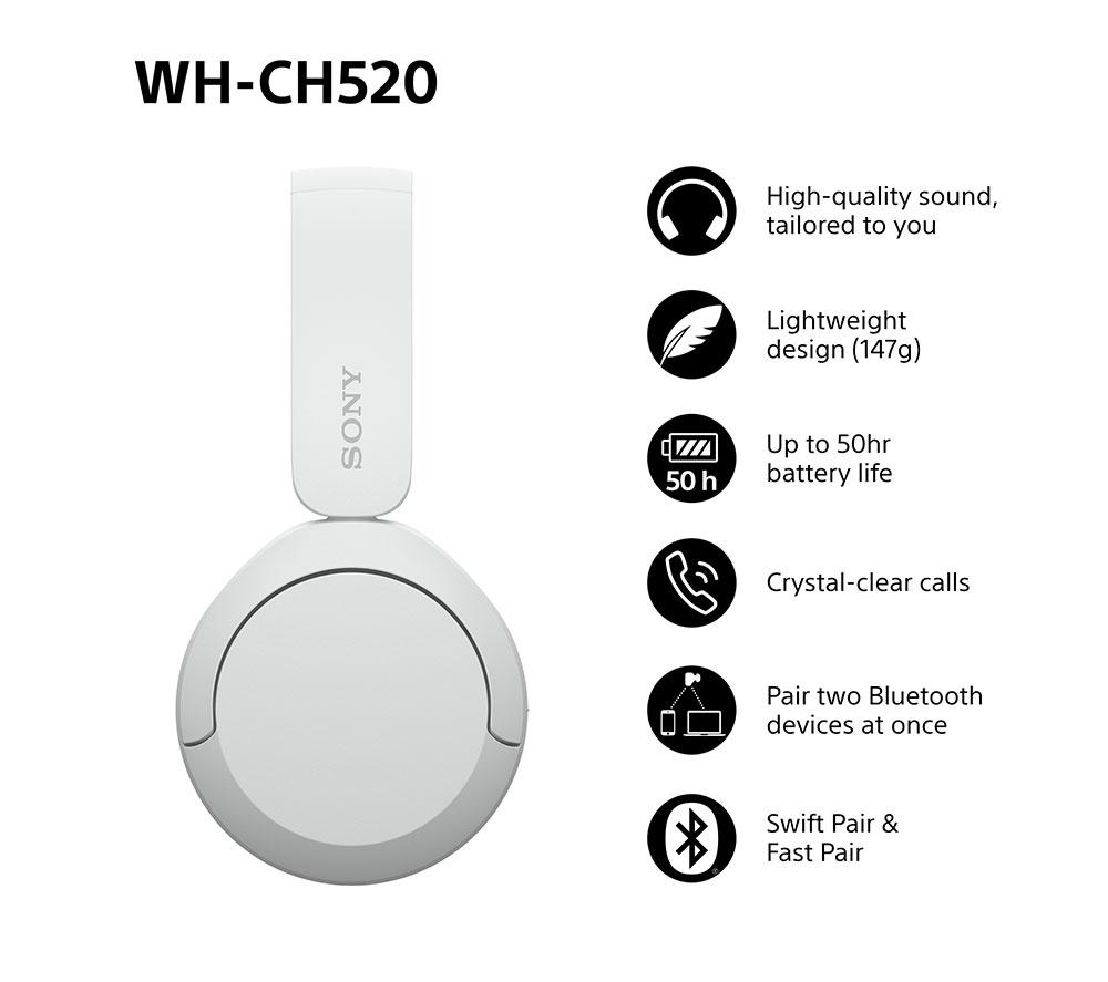 SONY WH-CH520W Wireless Bluetooth Headphones - White
