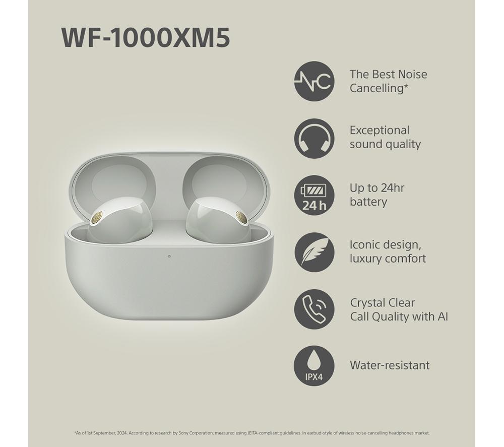 SONY WF-1000XM5 Wireless Bluetooth Noise-Cancelling Earbuds - Silver