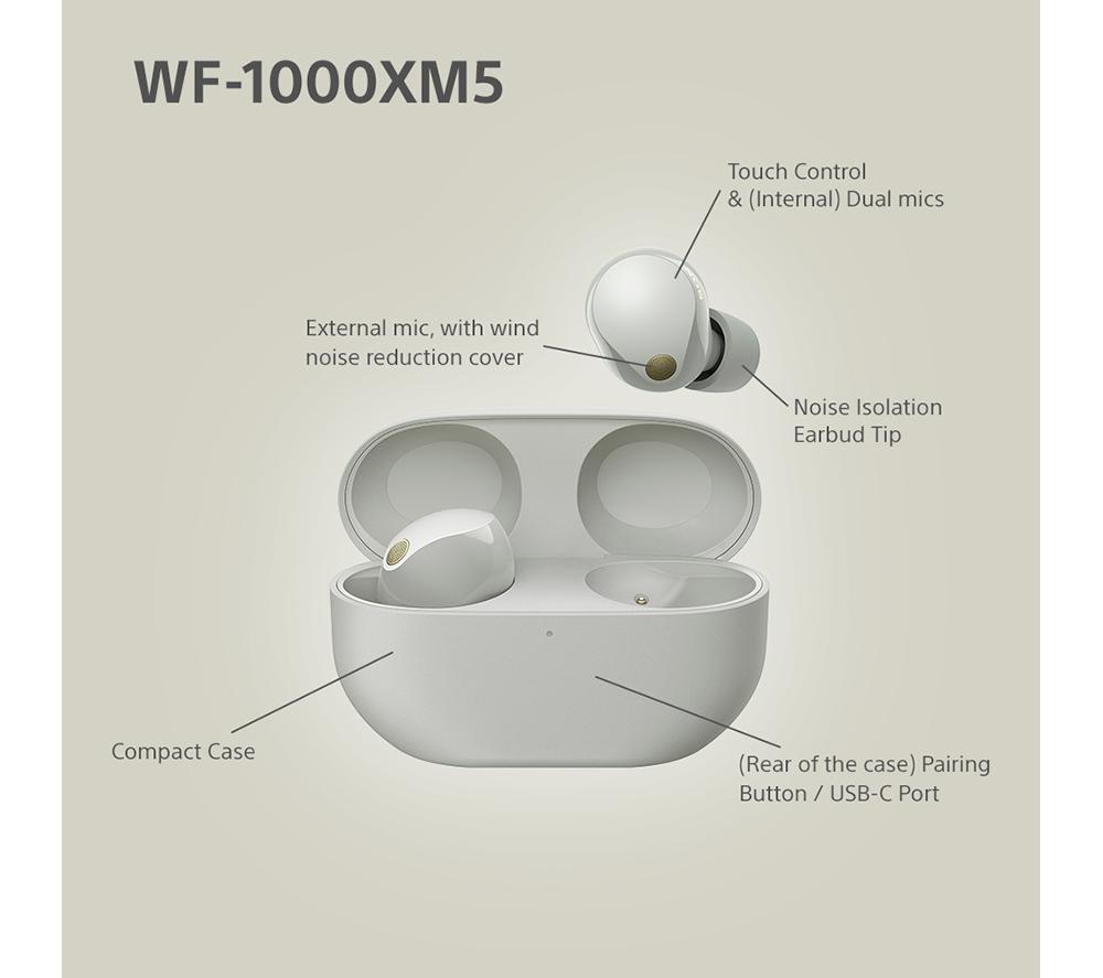 SONY WF-1000XM5 Wireless Bluetooth Noise-Cancelling Earbuds - Silver