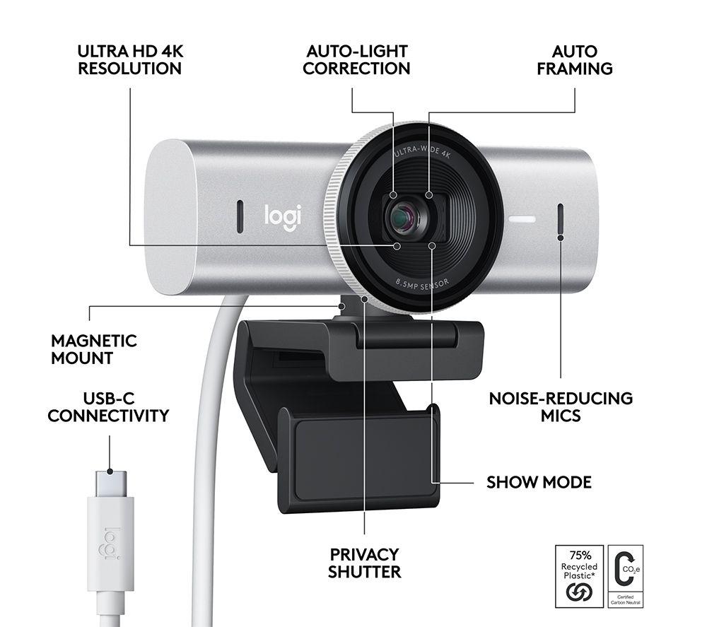 LOGITECH MX Brio 4K Ultra HD Webcam - Pale Grey