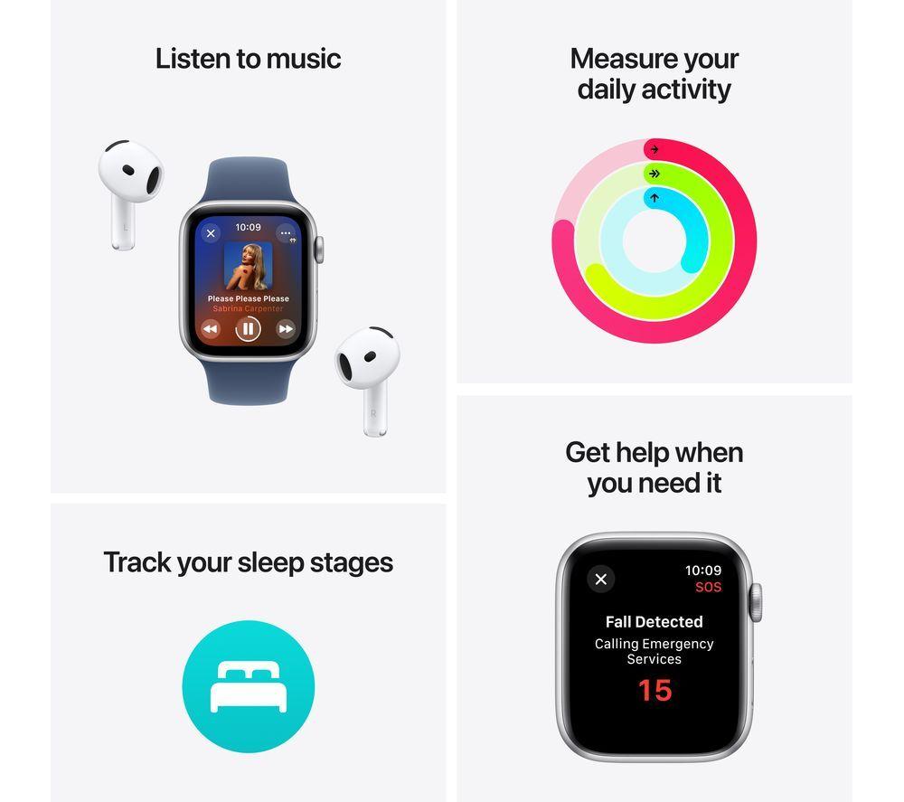 APPLE Watch SE - 44 mm Silver Aluminium Case with Denim Sport Band, S/M