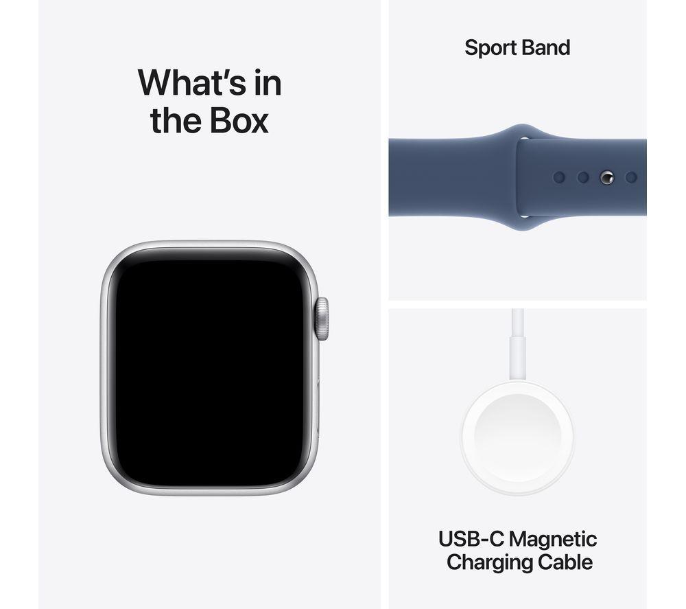 APPLE Watch SE - 44 mm Silver Aluminium Case with Denim Sport Band, S/M