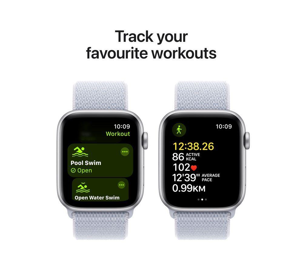APPLE Watch SE - 44 mm Silver Aluminium Case with Blue Cloud Sport Loop