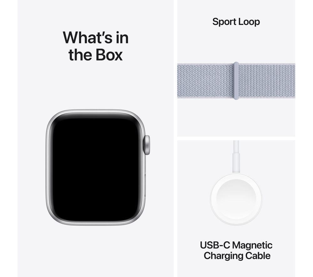 APPLE Watch SE - 44 mm Silver Aluminium Case with Blue Cloud Sport Loop