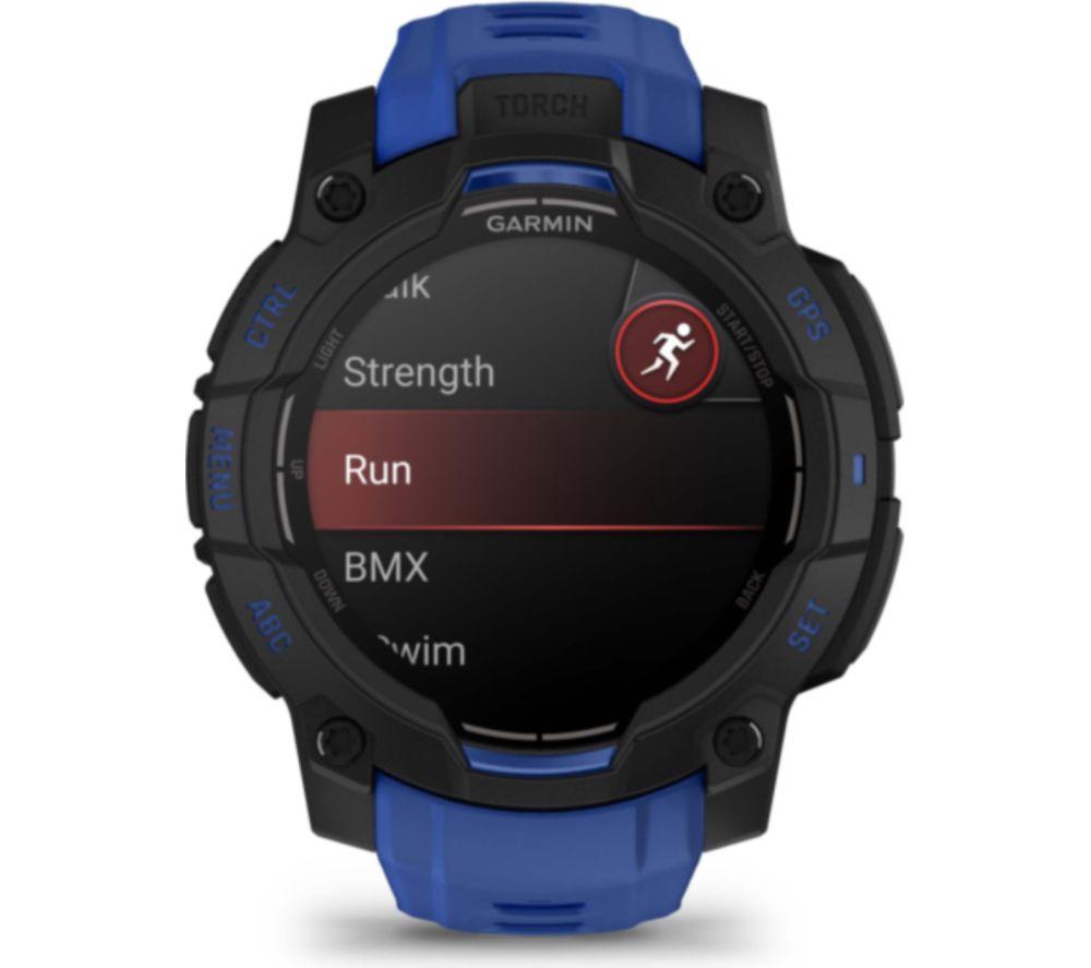 GARMIN Instinct 3 AMOLED Smartwatch – 45 mm, Schwarz mit Bolt Blue Silikonarmband
