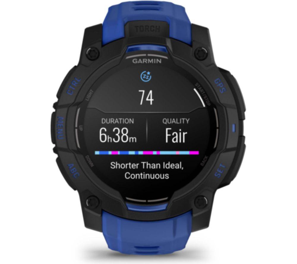 GARMIN Instinct 3 AMOLED Smartwatch – 45 mm, Schwarz mit Bolt Blue Silikonarmband