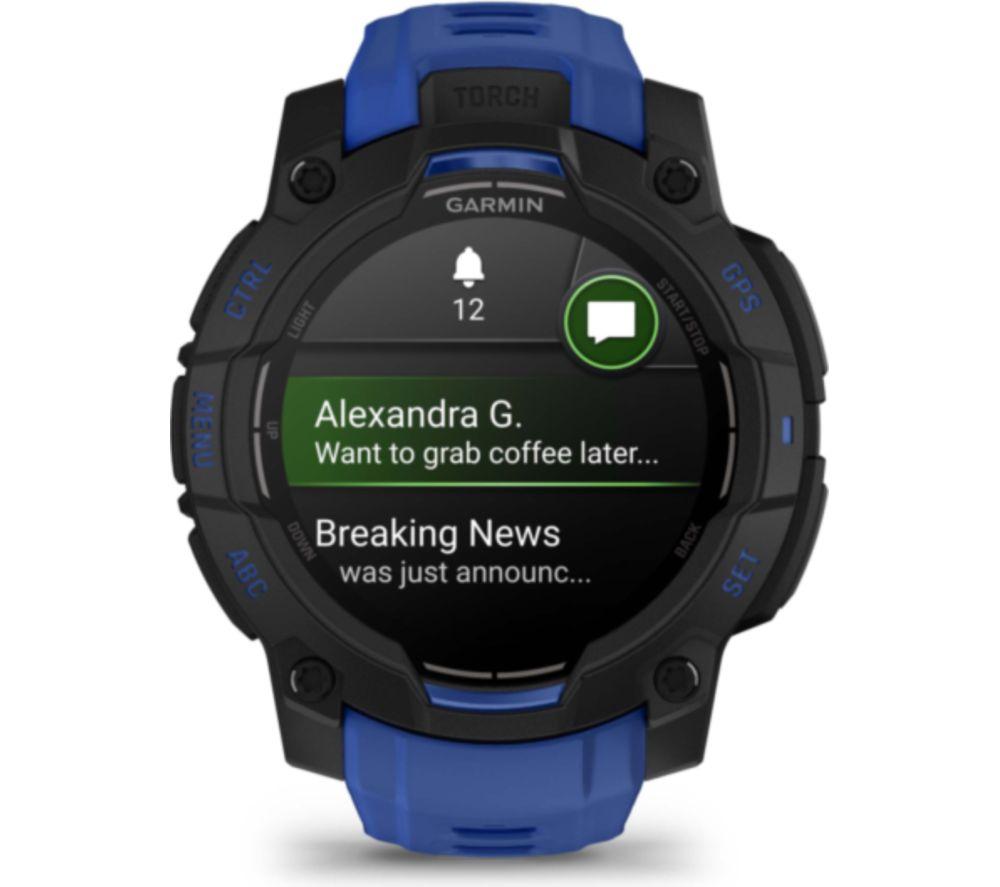 GARMIN Instinct 3 AMOLED Smartwatch – 45 mm, Schwarz mit Bolt Blue Silikonarmband