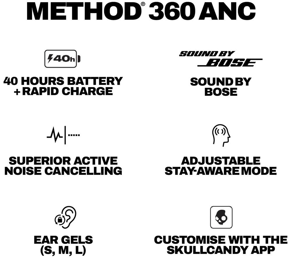 SKULLCANDY Method 360 ANC Wireless Bluetooth Noise-Cancelling Earbuds - Black