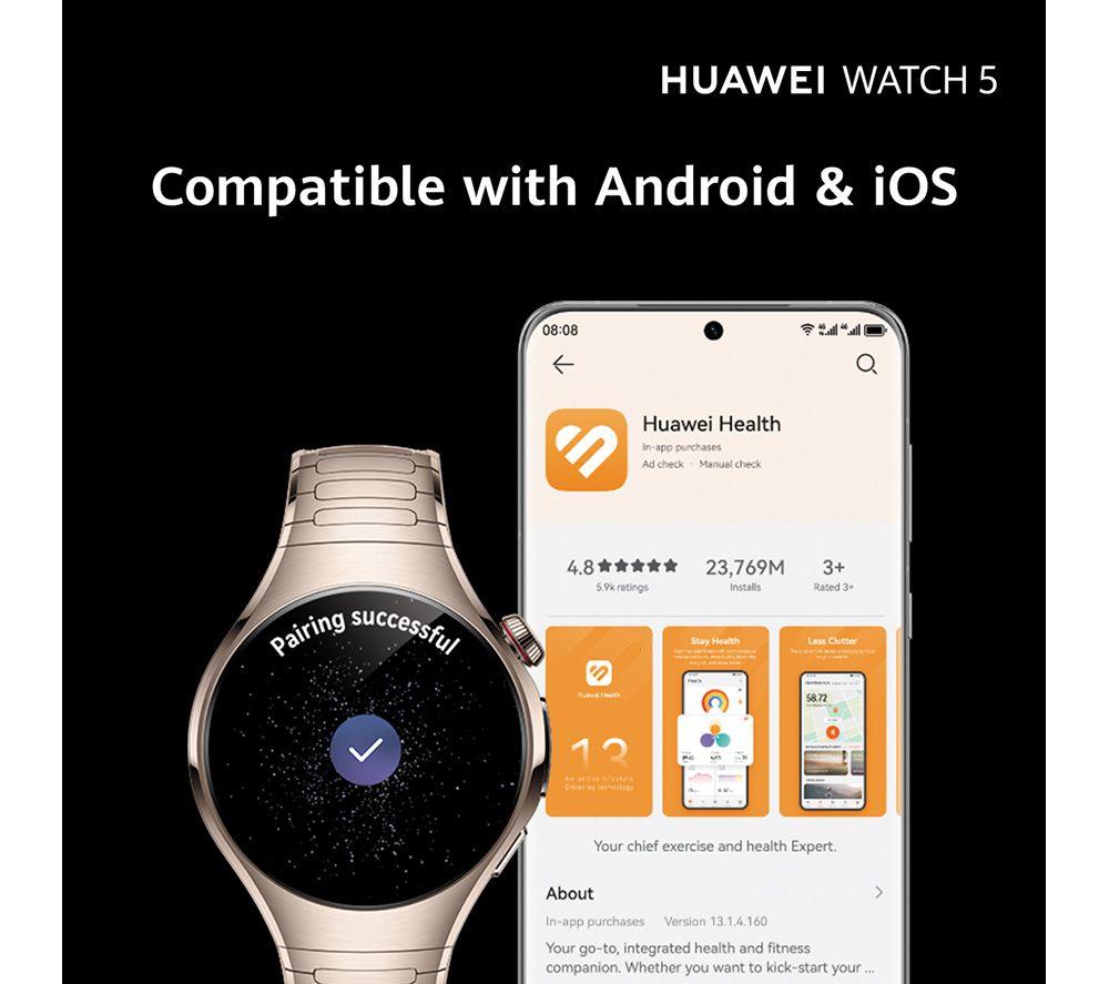 HUAWEI Watch 5 - Edelstahl Gold, Fluorkautschukarmband, 42 mm