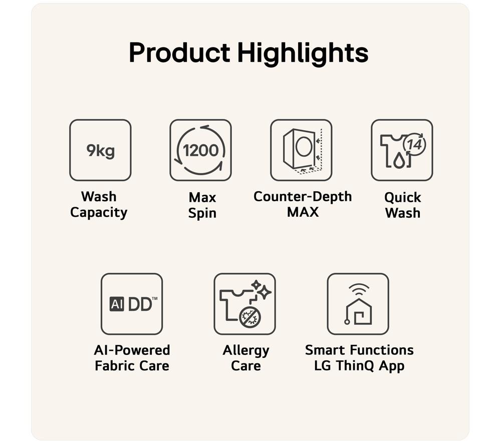 LG Series 3 Counter-Depth MAX F2X50S9TWB WiFi-enabled 9 kg 1200 Spin Washing Machine - White