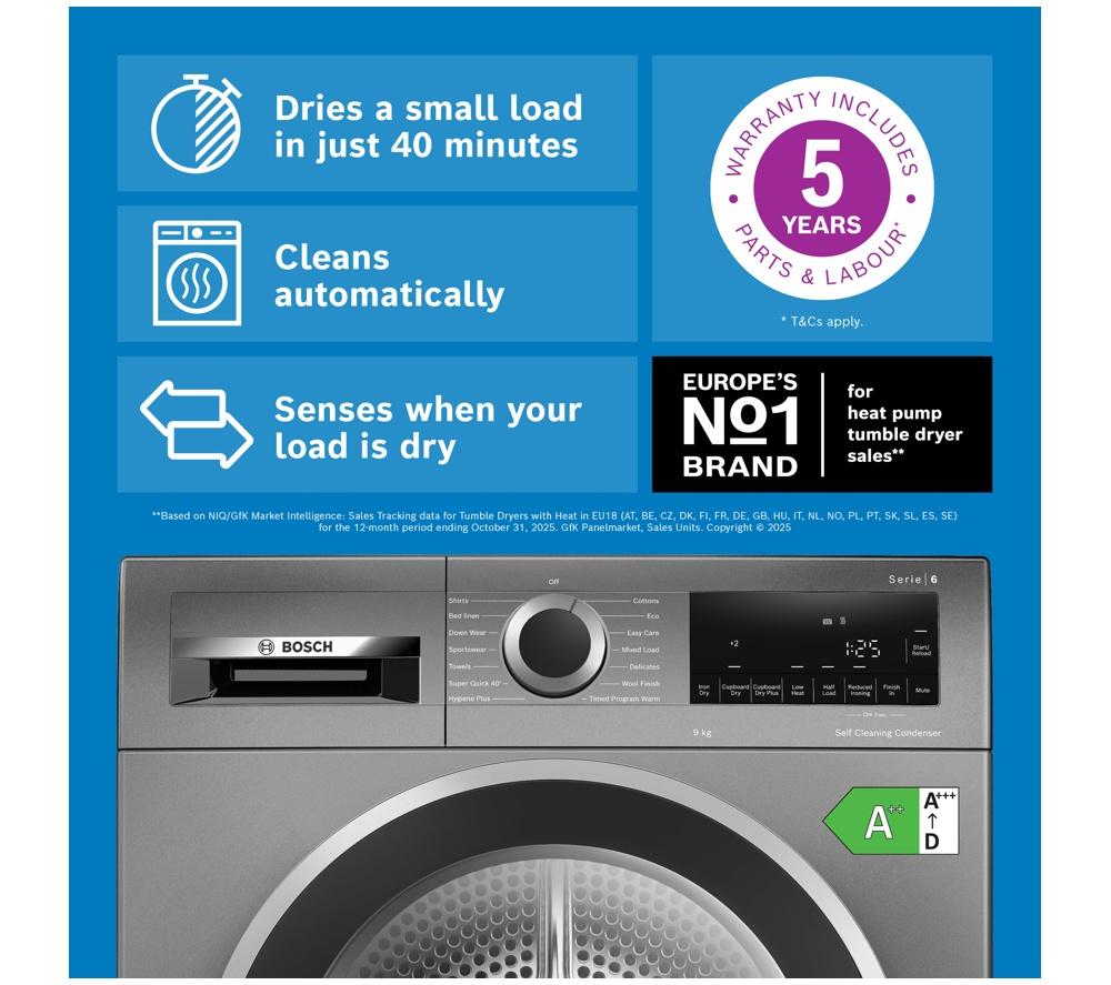 BOSCH Serie 6 WQG245R2GB Secadora con bomba de calor de 9 kg - Grafito
