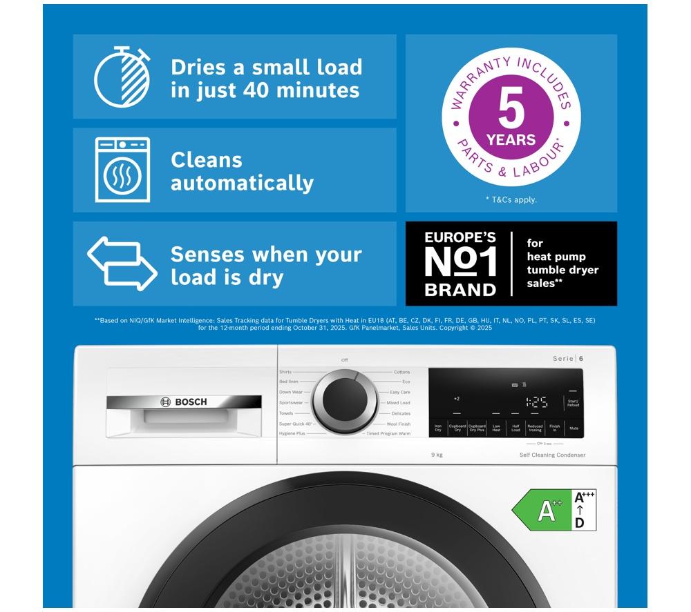BOSCH Serie 6 WQG24502GB Secadora de bomba de calor de 9 kg - Blanca