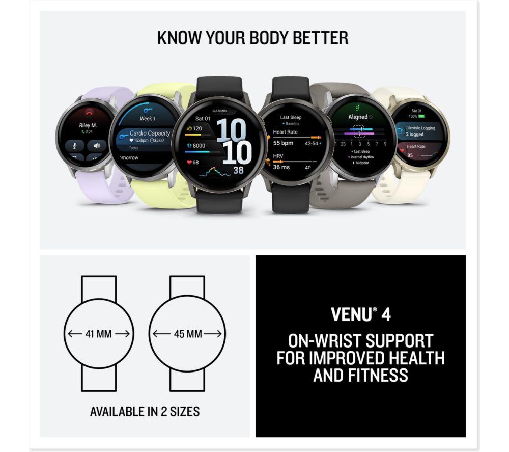 GARMIN Venu 4 Smart Watch - Silver with Silver Grey Silicone Band, 45 mm